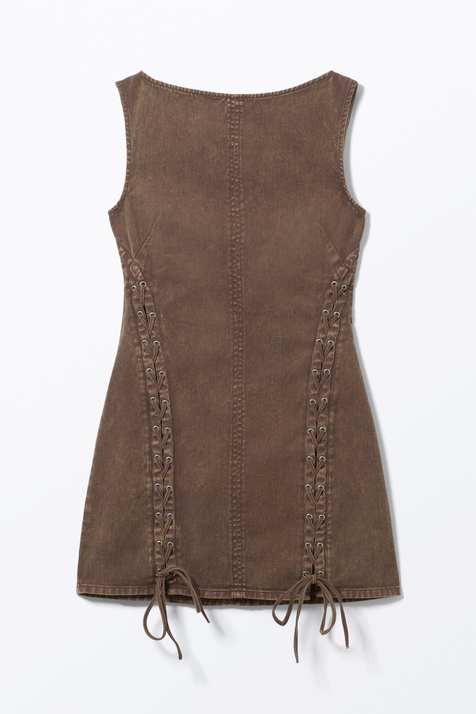 Sleeveless Lace-Up Mini Dress - Washed Dark Brown - 2