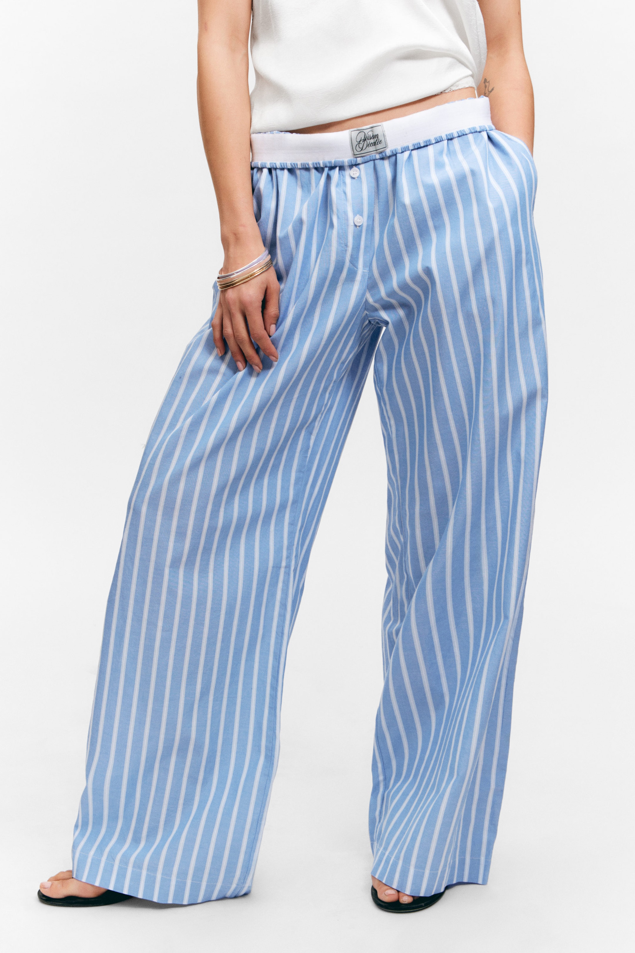 Randig Blå - Byxor med vida ben i bomulls-twill - 1