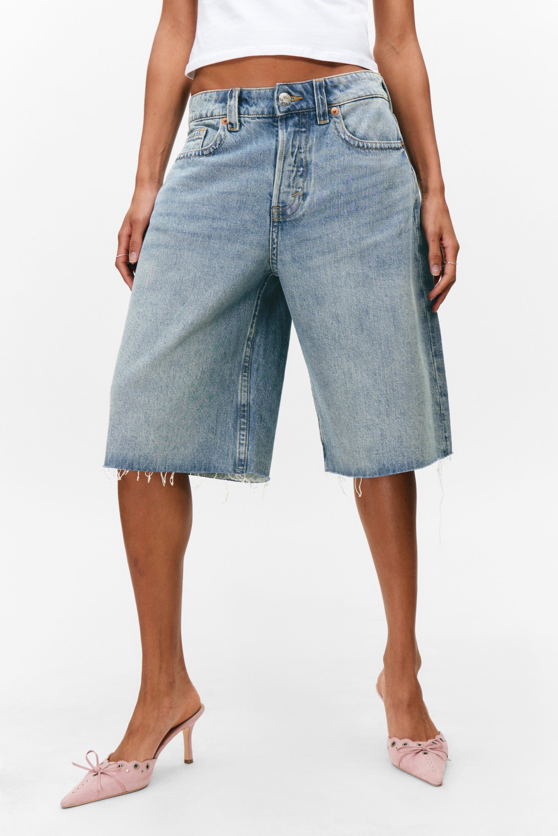 Mid Blue - Medium Blue - Peggy Low Waist Loose Baggy Leg Denim Shorts - 2