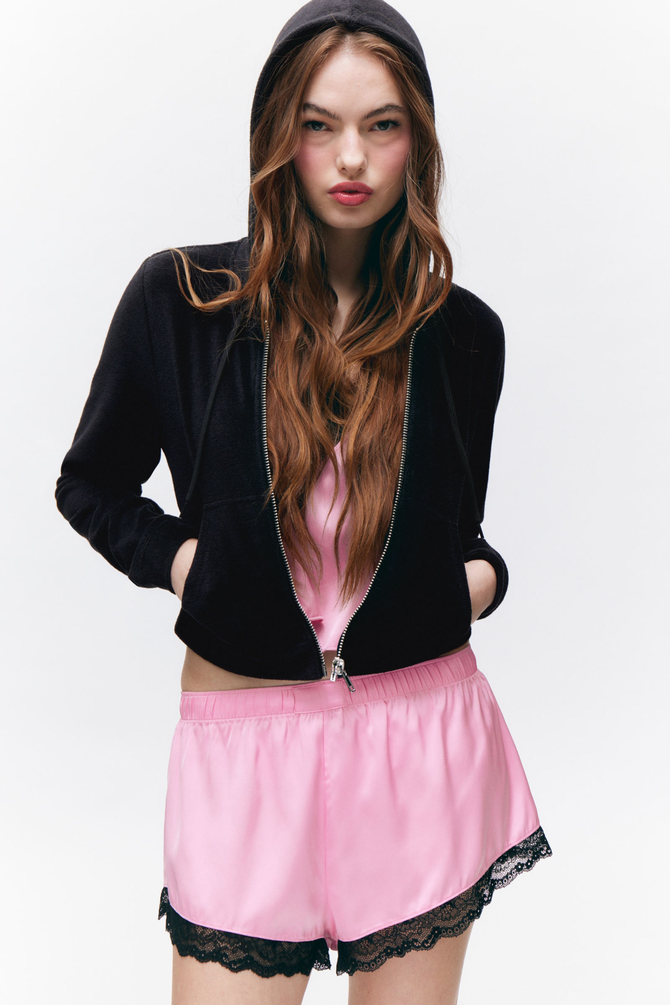 Pink - Black Lace - Mini Lace Satin Shorts - 1