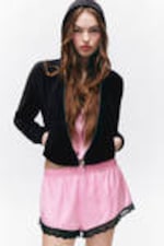 Pink - Black Lace - Mini Lace Satin Shorts - 1