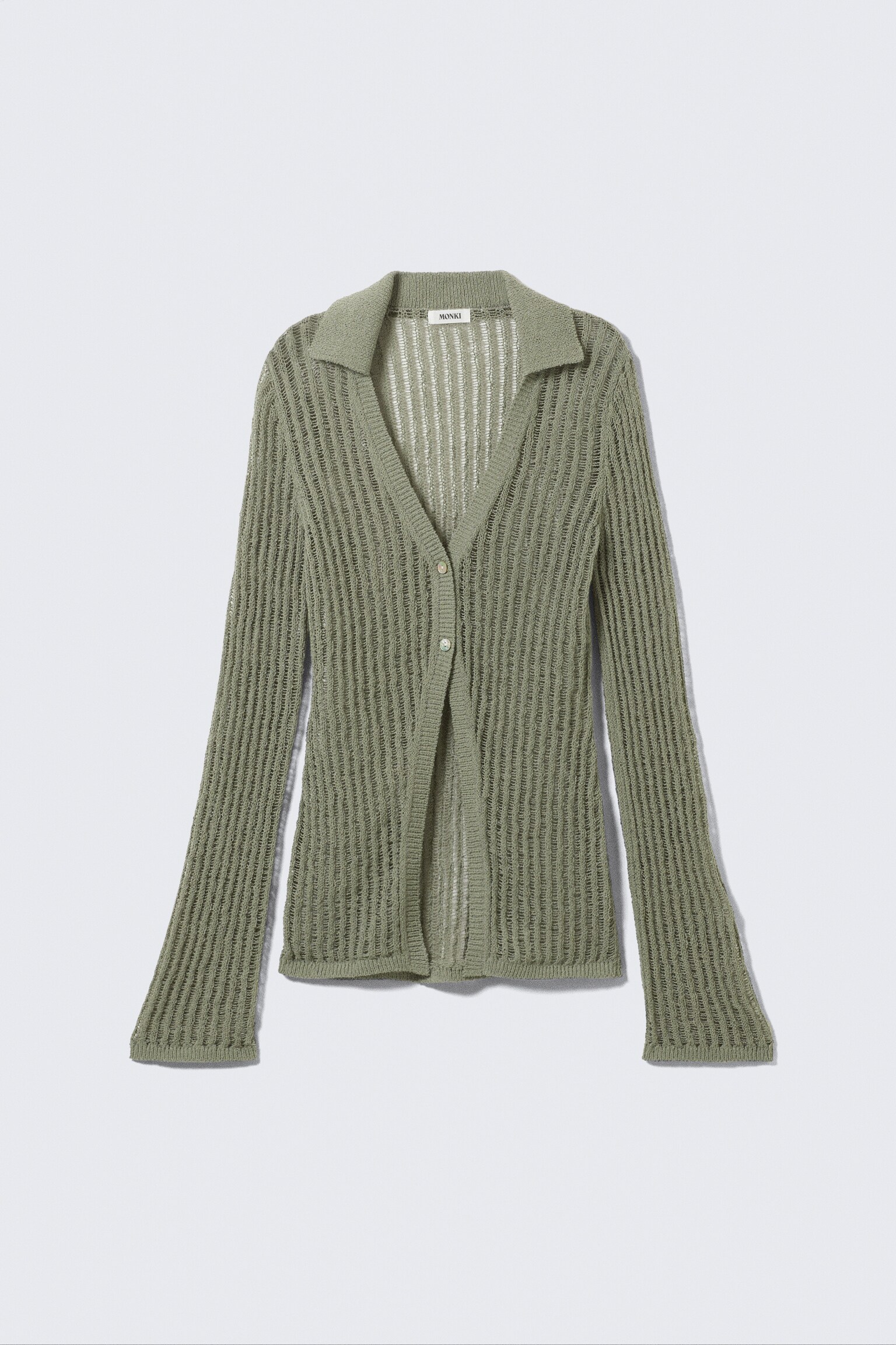 Hulstrikket cardigan med V-hals - Kakigrøn/Støvet hvid - 2