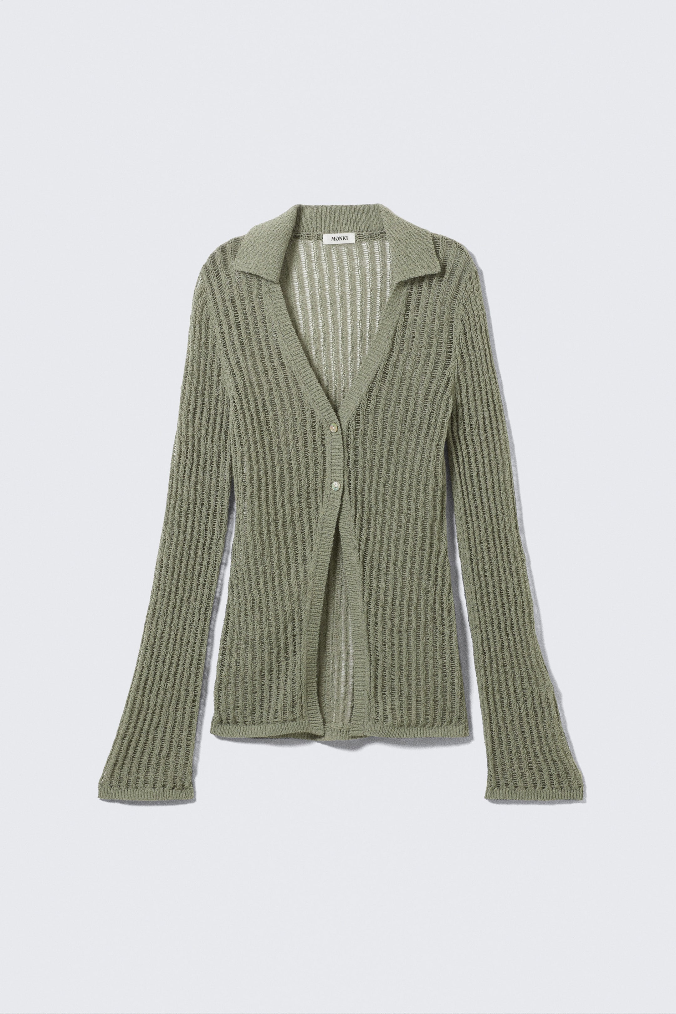 Khaki Green - Open-Knit V-neck Cardigan - 3