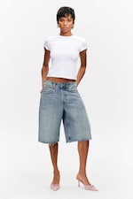 Mid Blue - Medium Blue - Peggy Low Waist Loose Baggy Leg Denim Shorts - 0