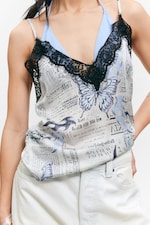 White Newspaper - Blue Flame - Lace-Trimmed Satin Camisole - 1