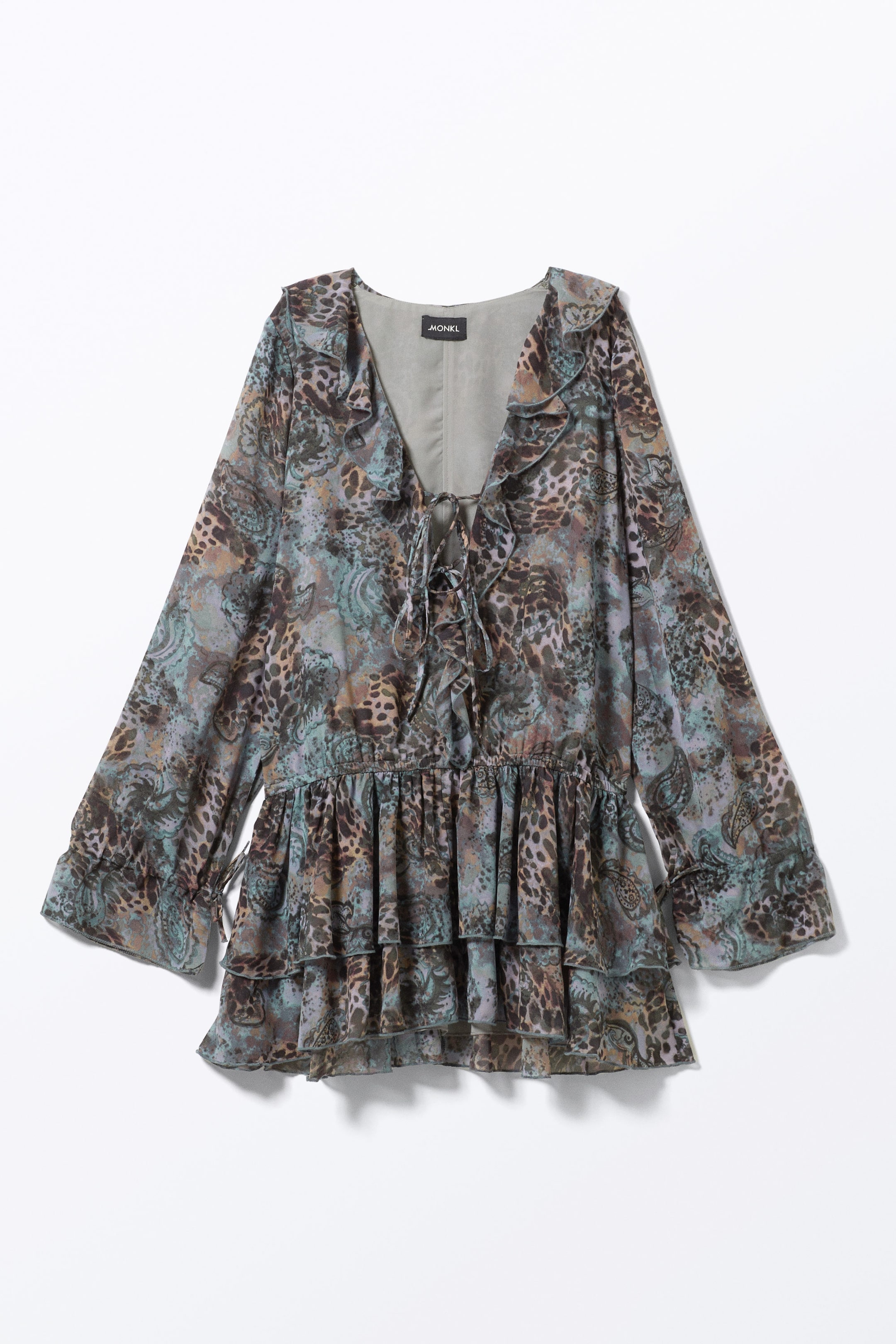 Leopard-Paisly Pattern - Frilled V-neck Mini Dress - 1