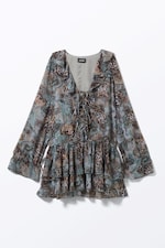 Leopard-Paisly Pattern - Frilled V-neck Mini Dress - 0