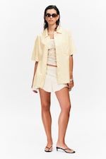 Striped Light Yellow - Oversized Short-Sleeved Cotton Poplin Shirt - 1