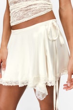 White - Lace-Trim Satin Wrap Mini Skirt - 2