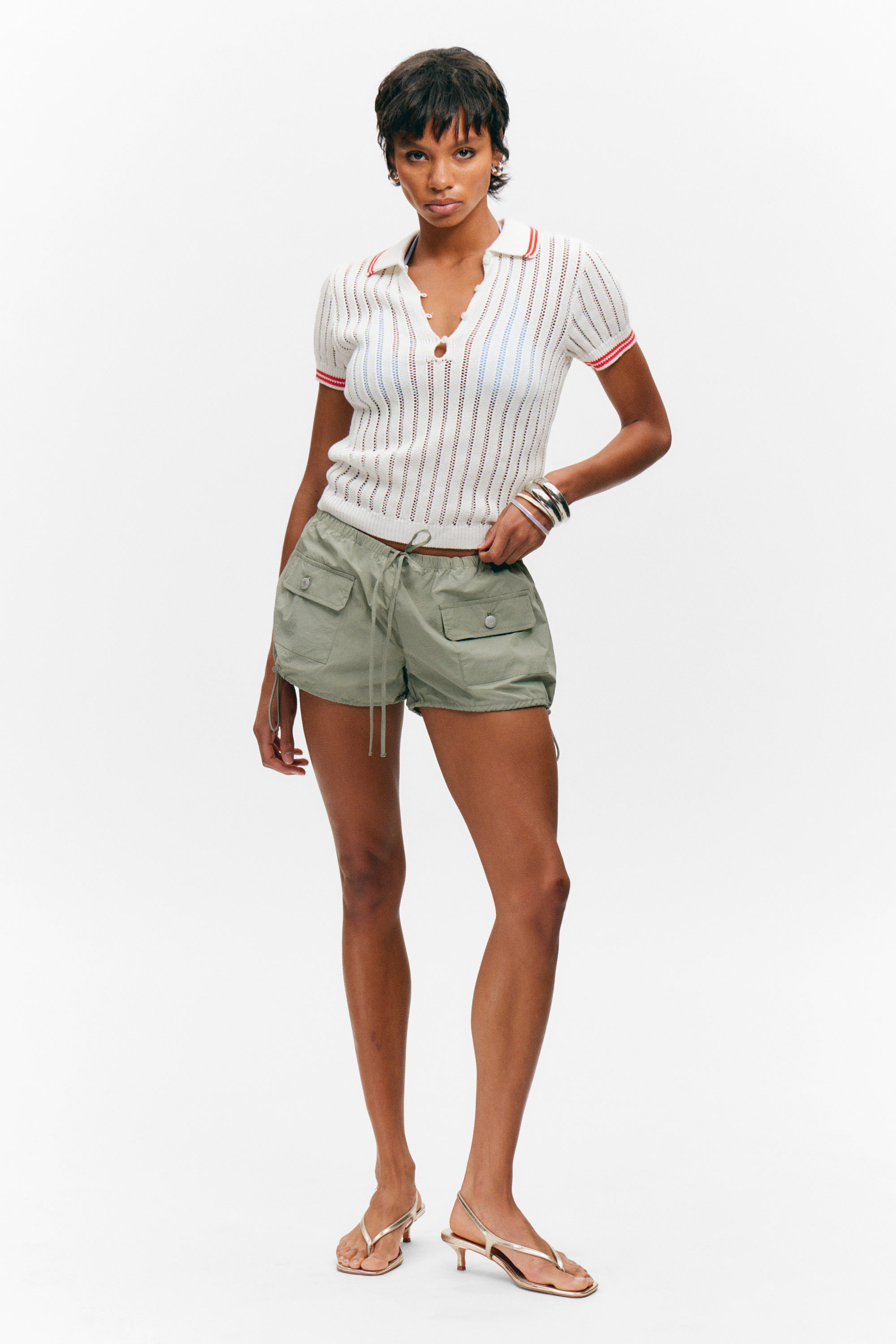 White - Red Stripes - Knitted Short-Sleeved Cotton Polo Top - 2