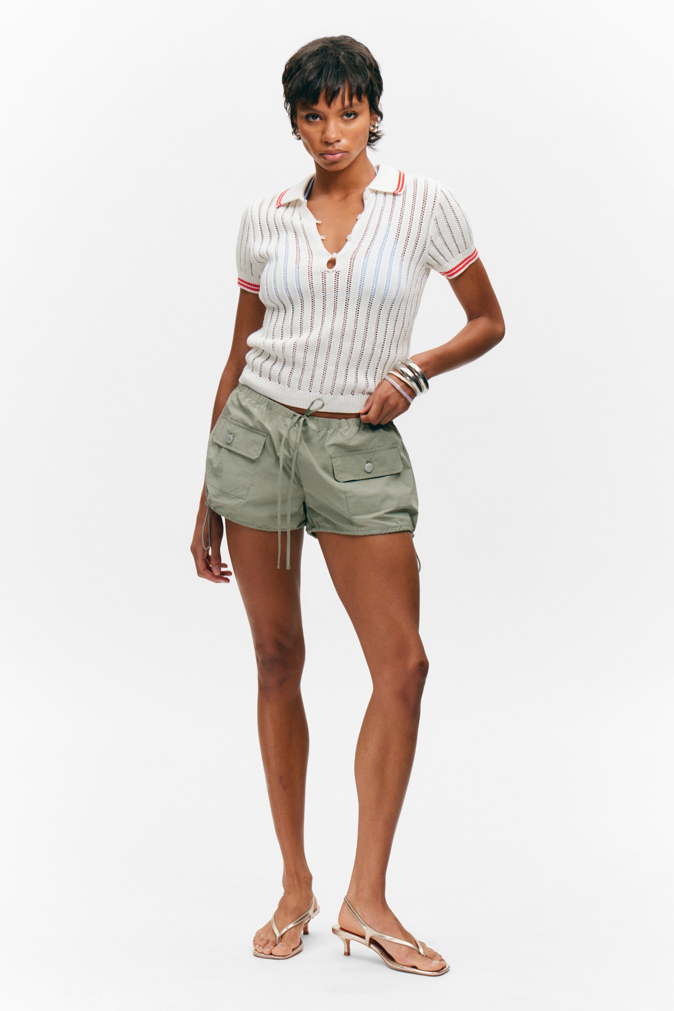 White - Red Stripes - Knitted Short-Sleeved Cotton Polo Top - 2