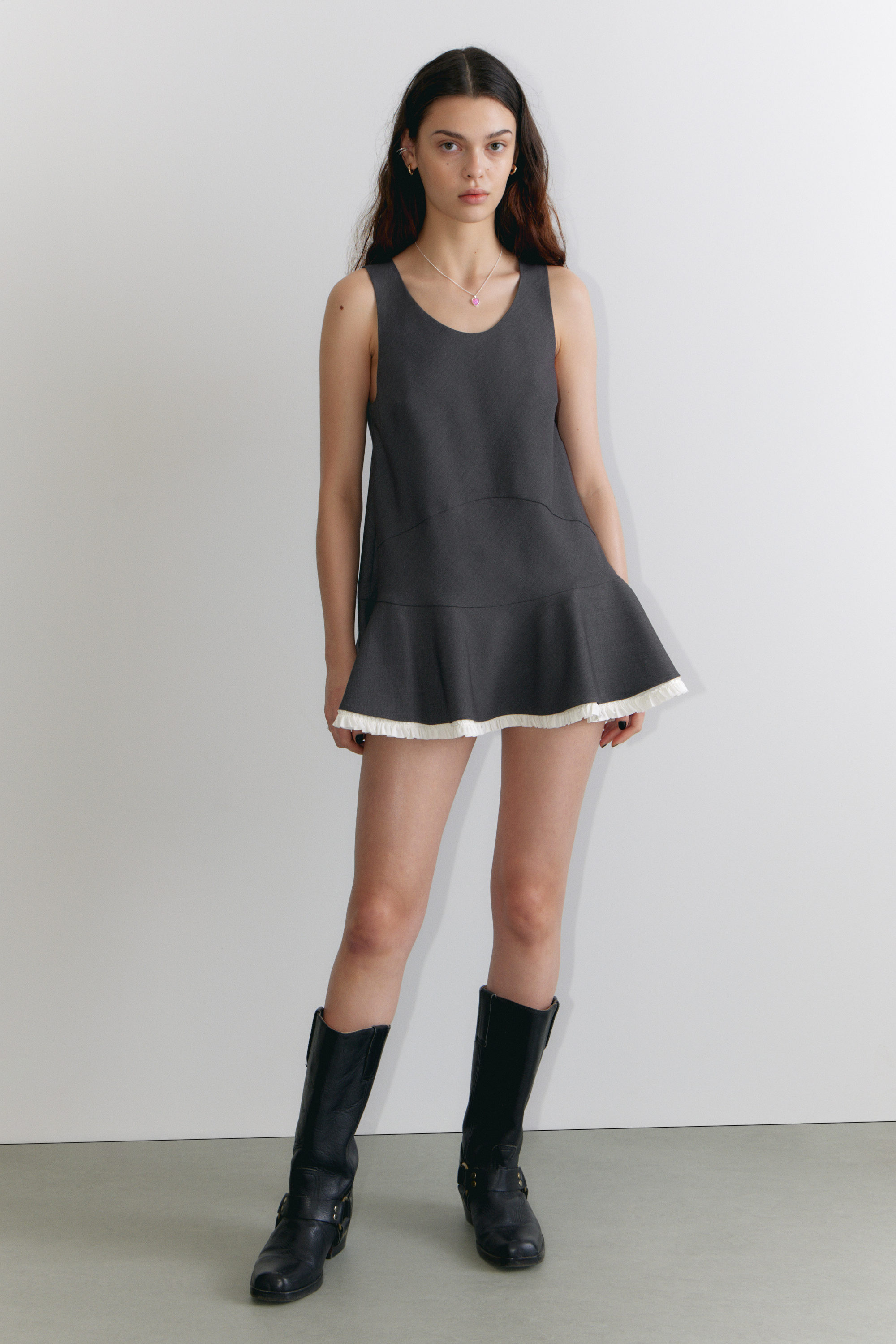 Dark Grey - Sleeveless Peplum Hem Mini Dress - 1