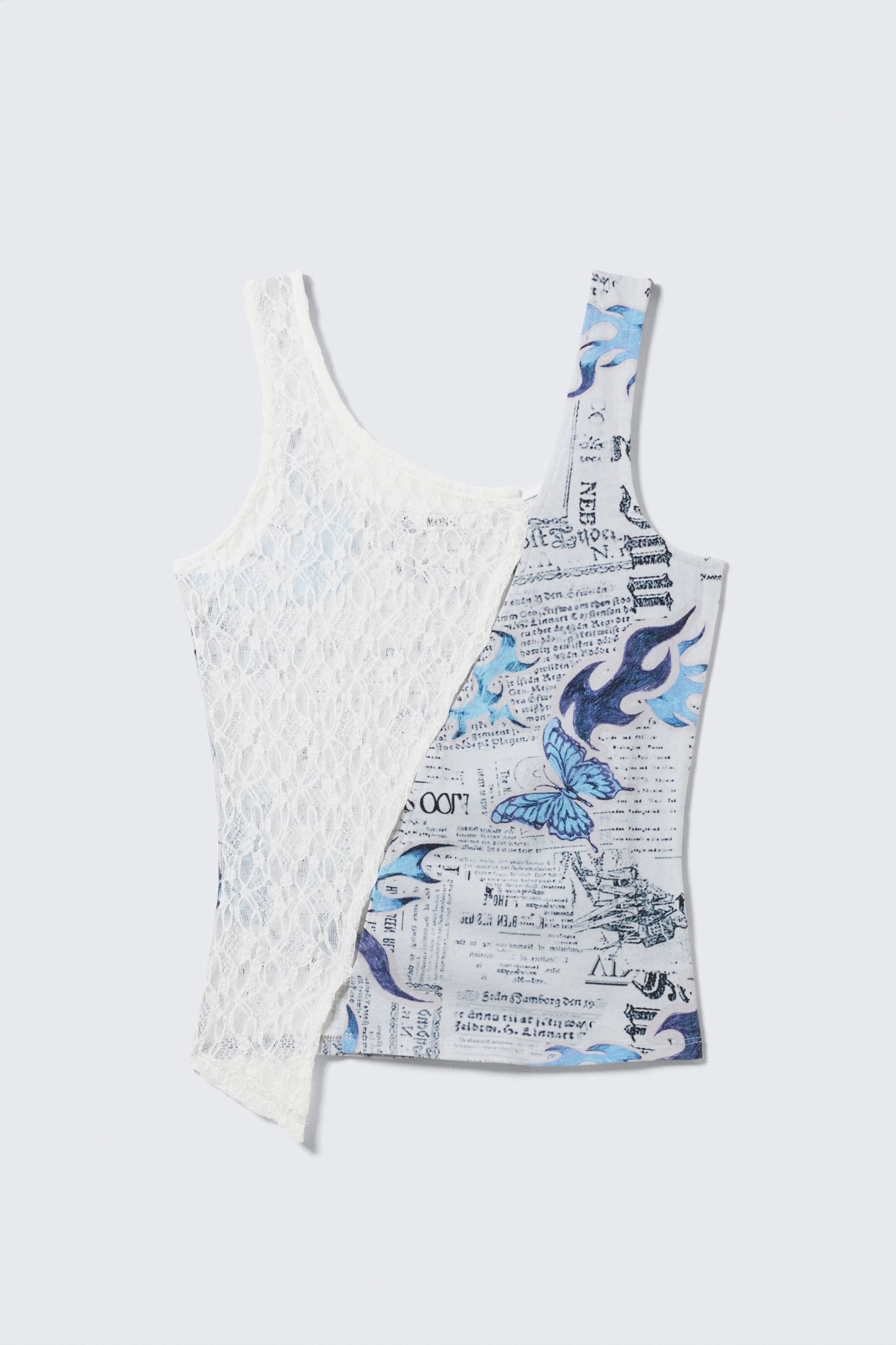White Lace/Newspaper - Patchwork Asymmetric Jersey Tank Top - 4