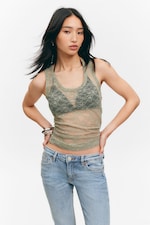 Khaki Green - Sheer Lace Sleeveless Tank Top - 0