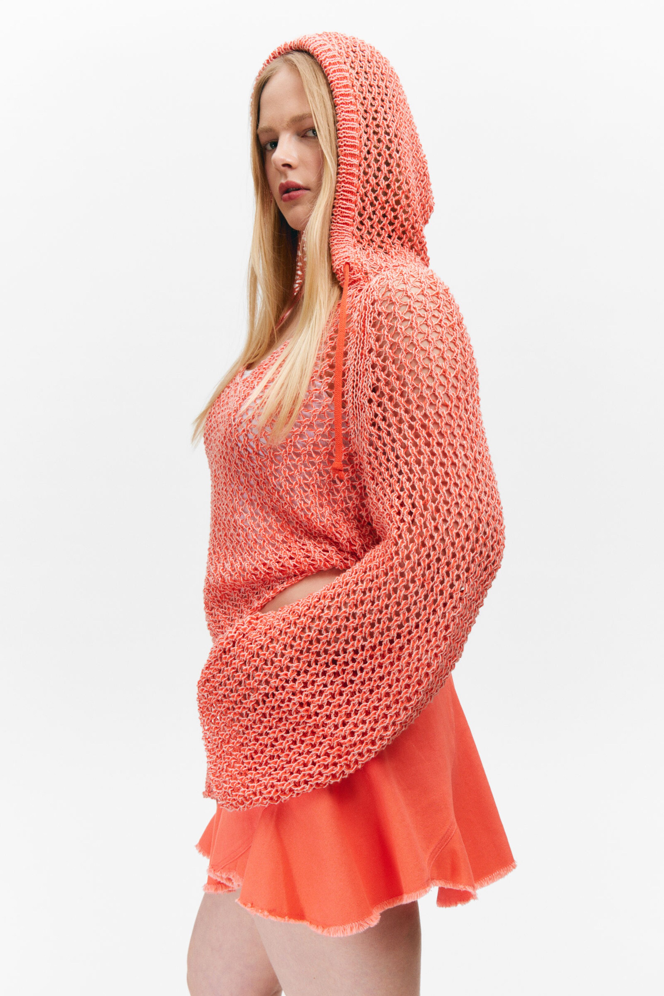 Light Red - Open-knit Hooded Sweater - 0