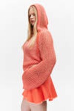 Light Red - Open-knit Hooded Sweater - 0