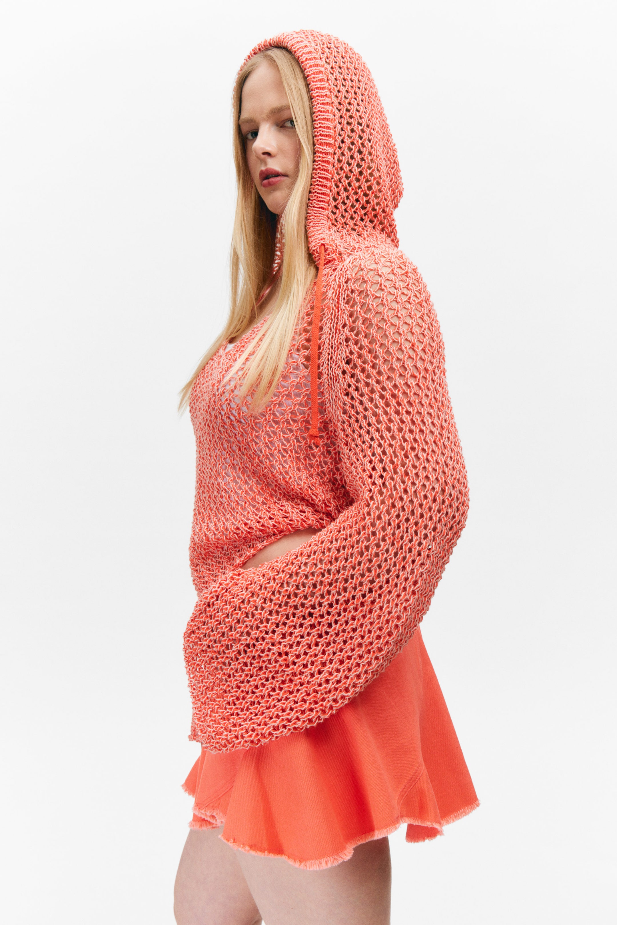 Hellrot - Grobstrick-Kapuzenpullover - 0