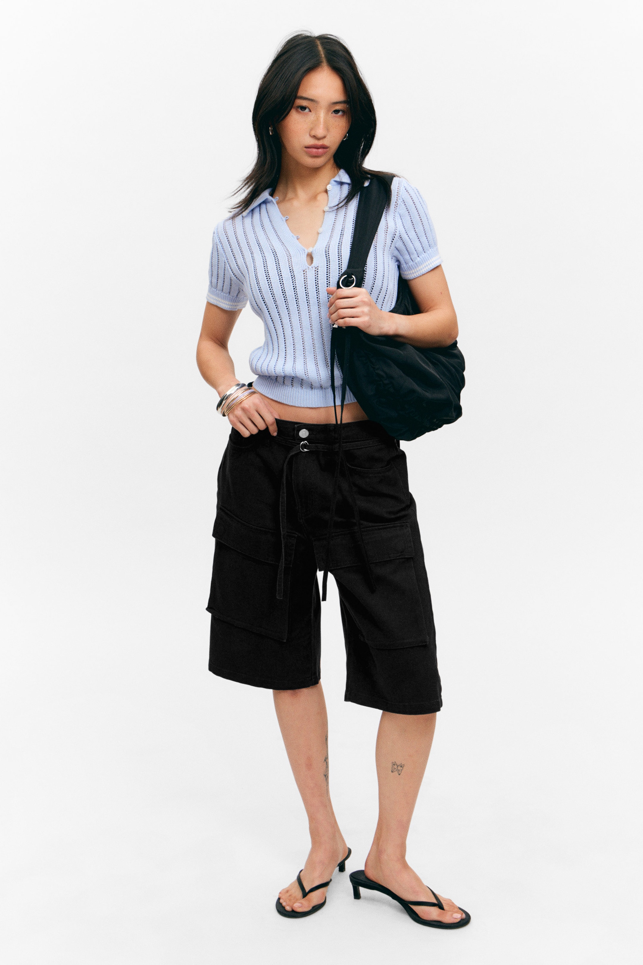 Black - Low Rise Cargo Cotton Twill Jorts - 1