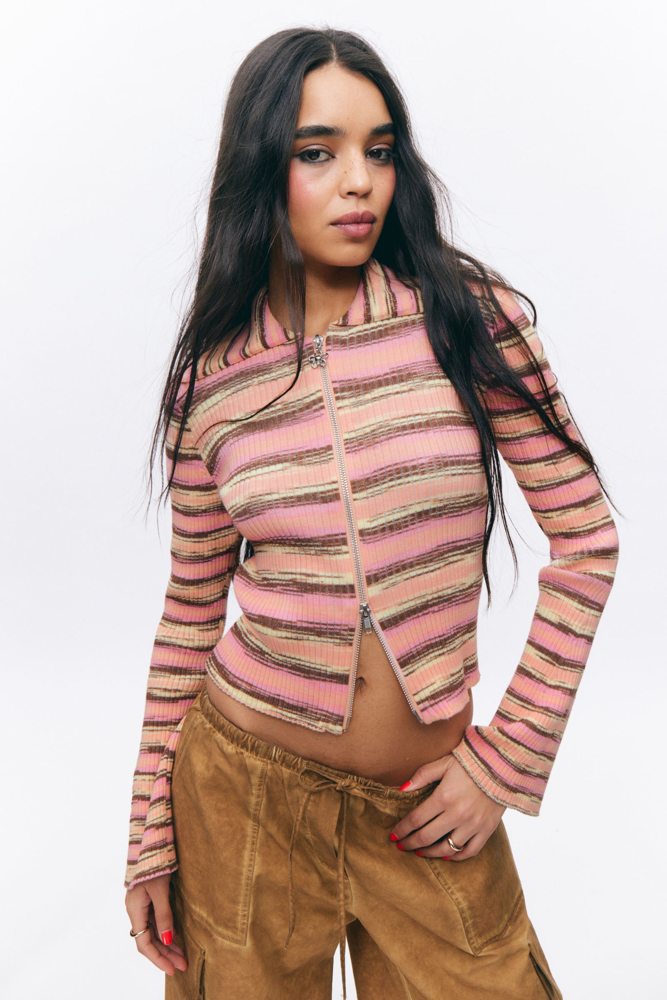 Pink Multi Stripe - Flare-Sleeved Rib-Knitted Cardigan - 0