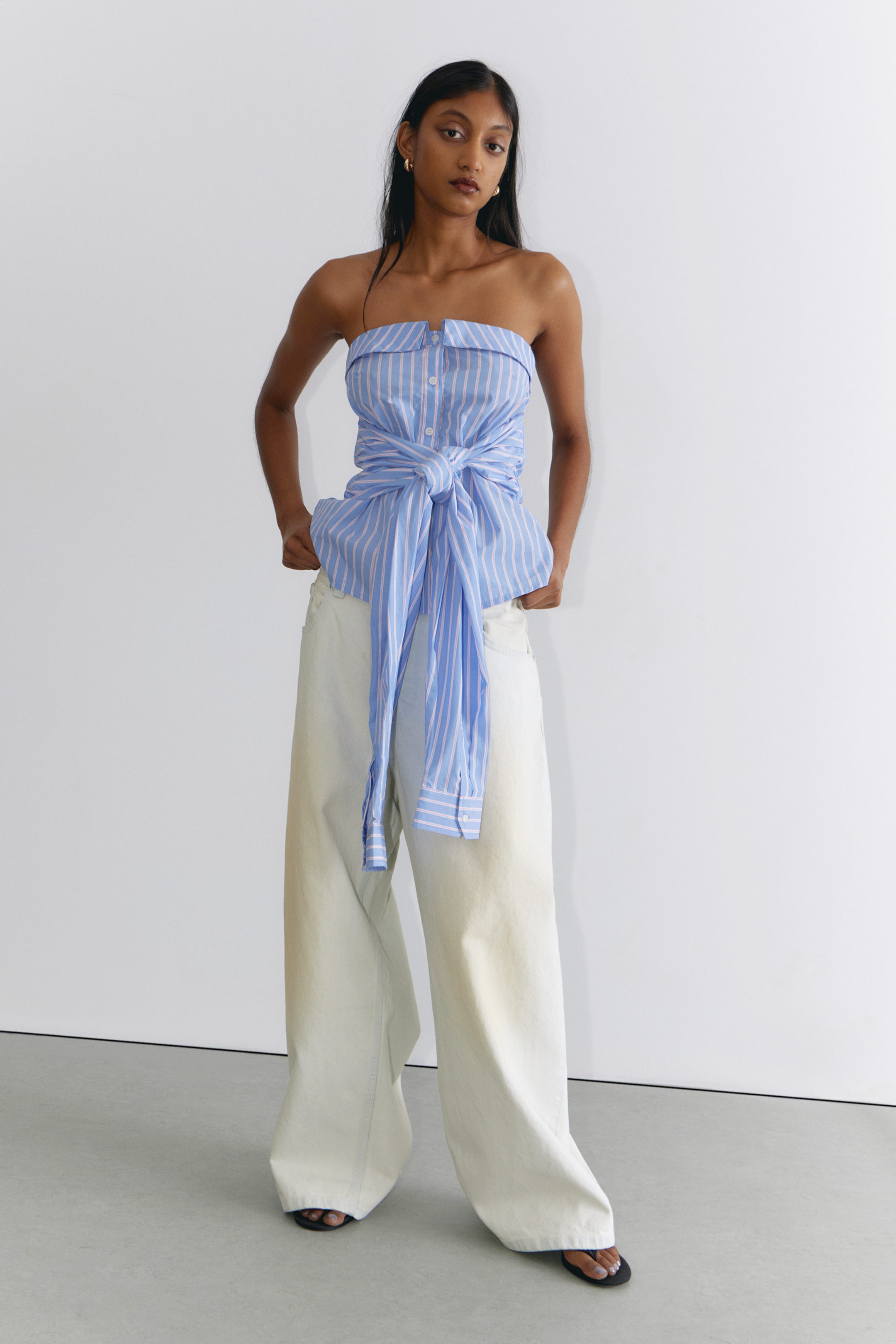 Striped Blue & Pink - Striped Off-Shoulder Tie Front Shirt Top - 3