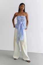 Striped Blue & Pink - Striped Off-Shoulder Tie Front Shirt Top - 3