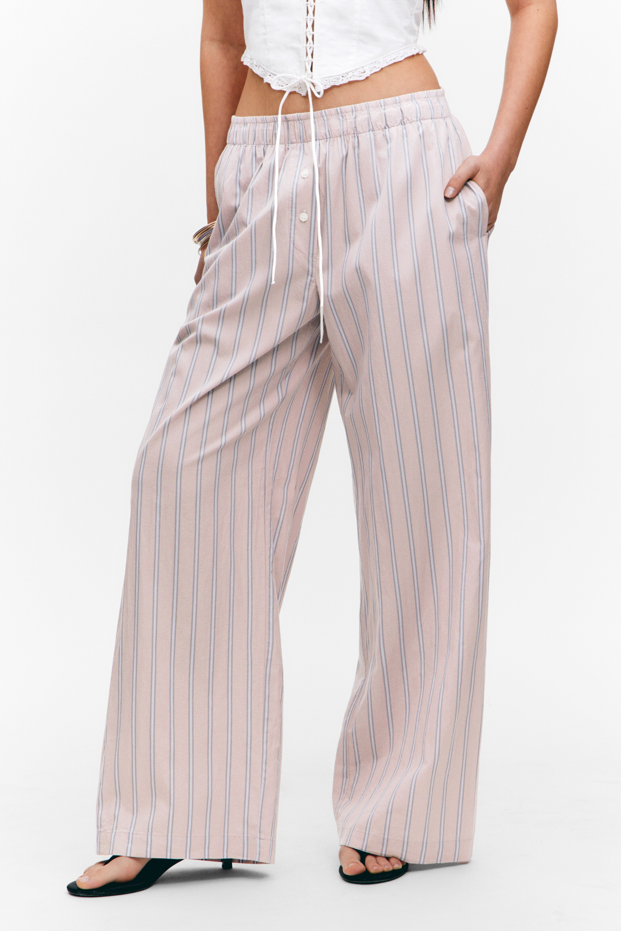 Ingrandisci l'immagine: Wide-Leg Cotton Twill Trousers - Striped Light Pink - DONNA | H&M CH 3