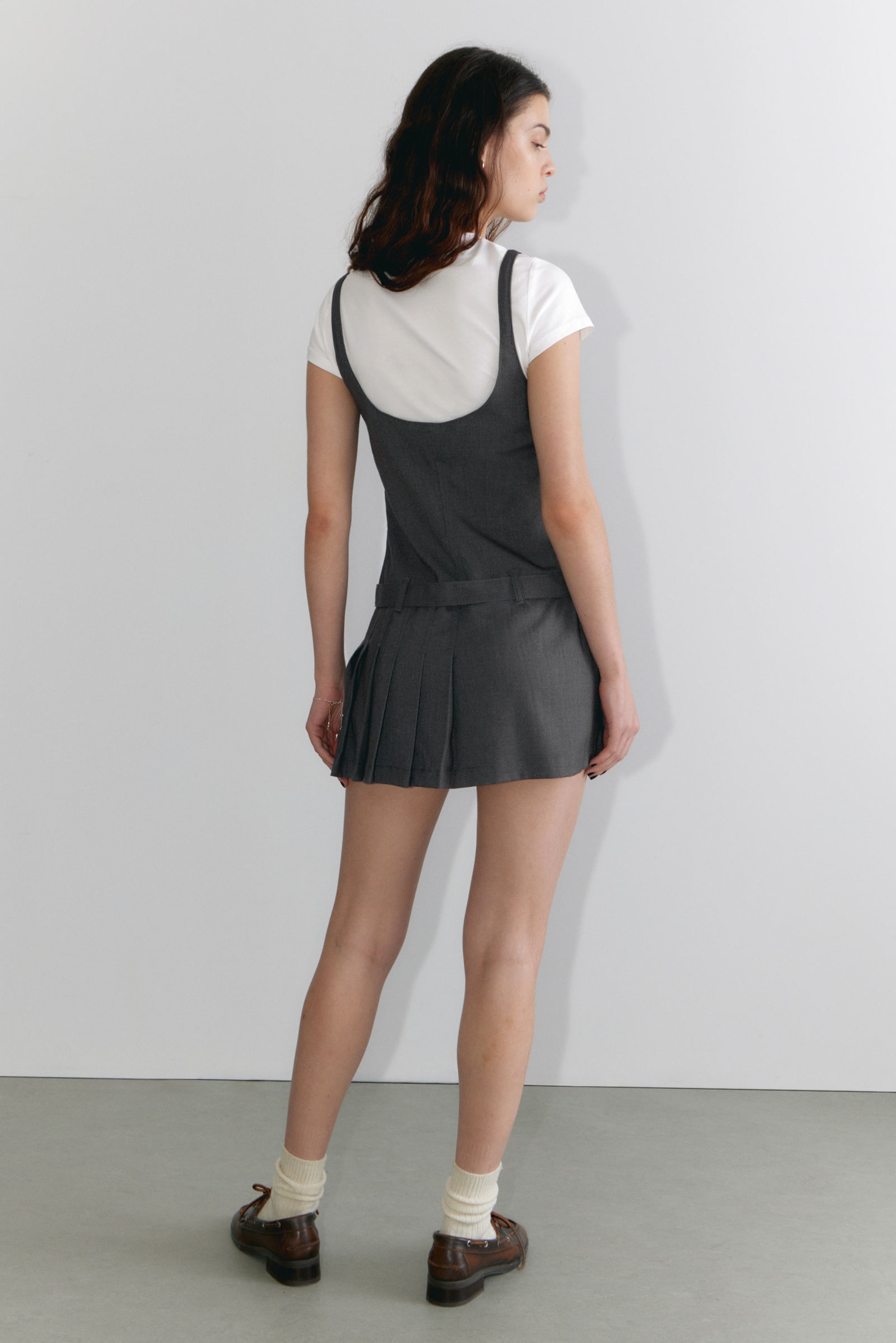 Dark Grey - Belted Pleated Mini Dress - 3