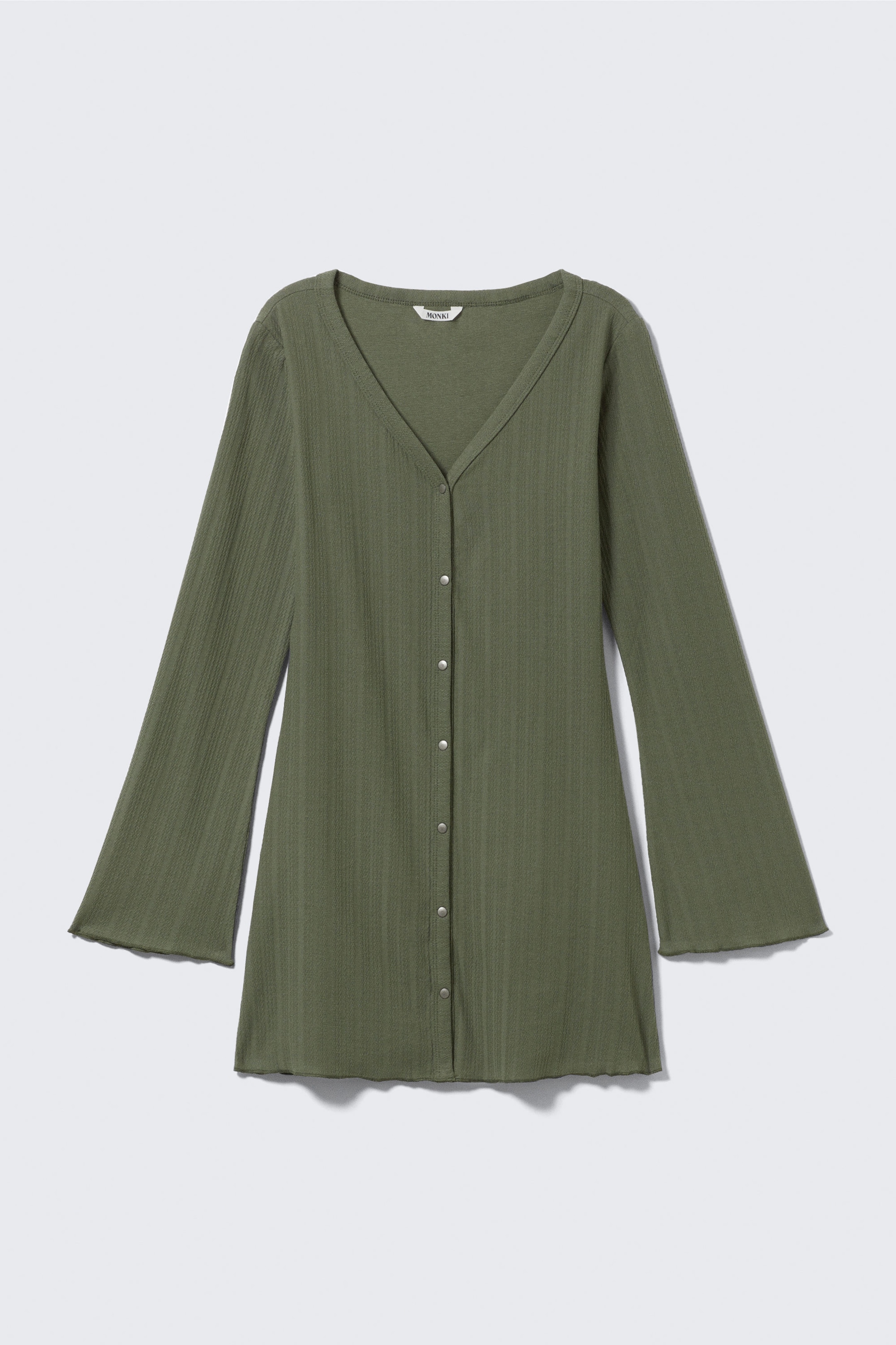 Dark Khaki Green - Long-Sleeved V-neck Mini Dress - 4