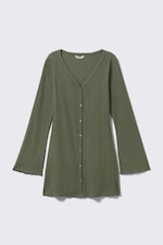 Dark Khaki Green - Long-Sleeved V-neck Mini Dress - 4