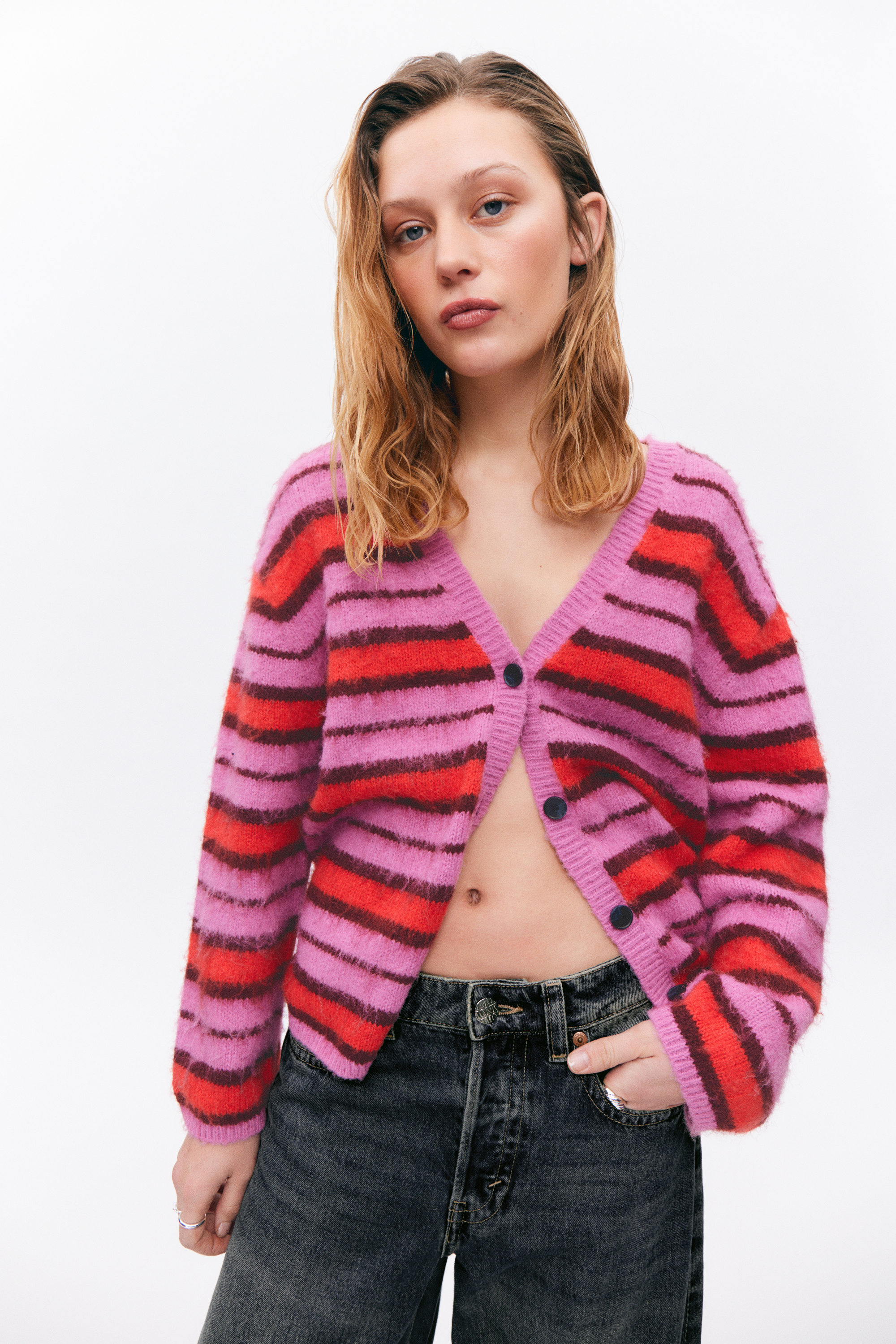 Pink & Red Stripe - Fluffy knit cardigan - 2