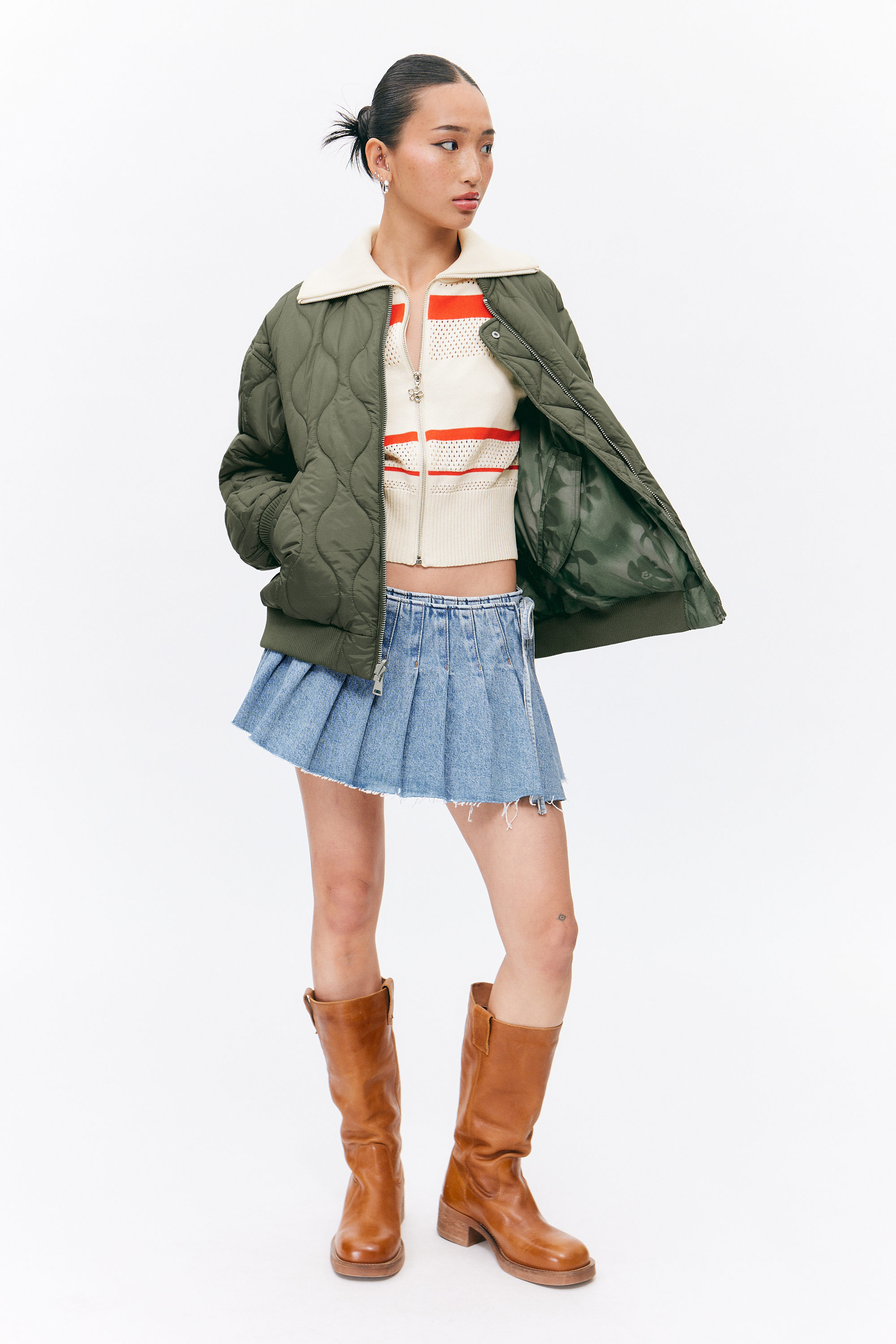 Dark Khaki - Floral - Loose Reversible Bomber Jacket - 1