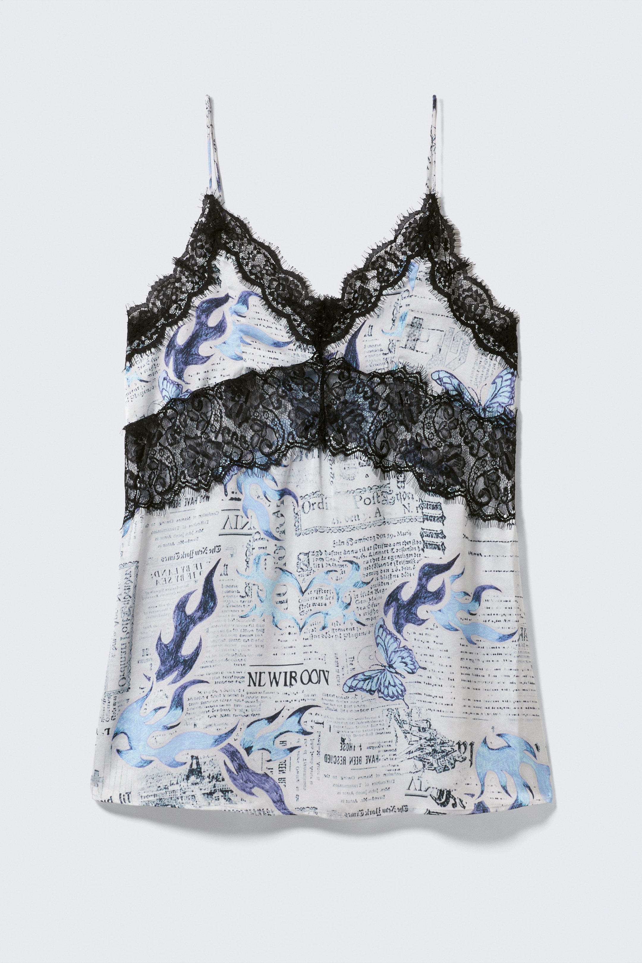 White Newspaper/Blue Flame - Lace-Trim A-line Mini Slip Dress - 4