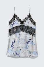 White Newspaper/Blue Flame - Lace-Trim A-line Mini Slip Dress - 4