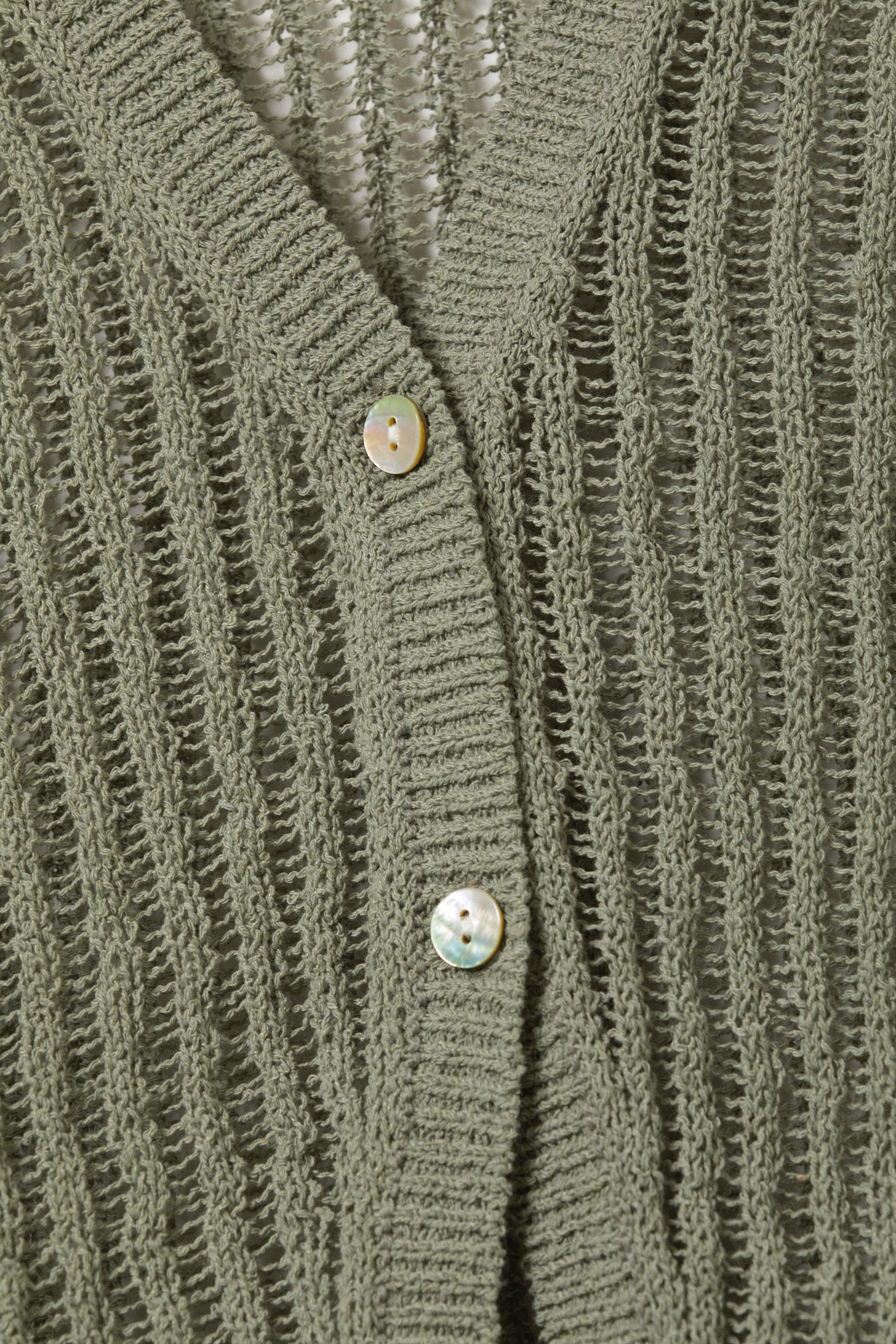 Khaki Green - Open-Knit V-neck Cardigan - 4