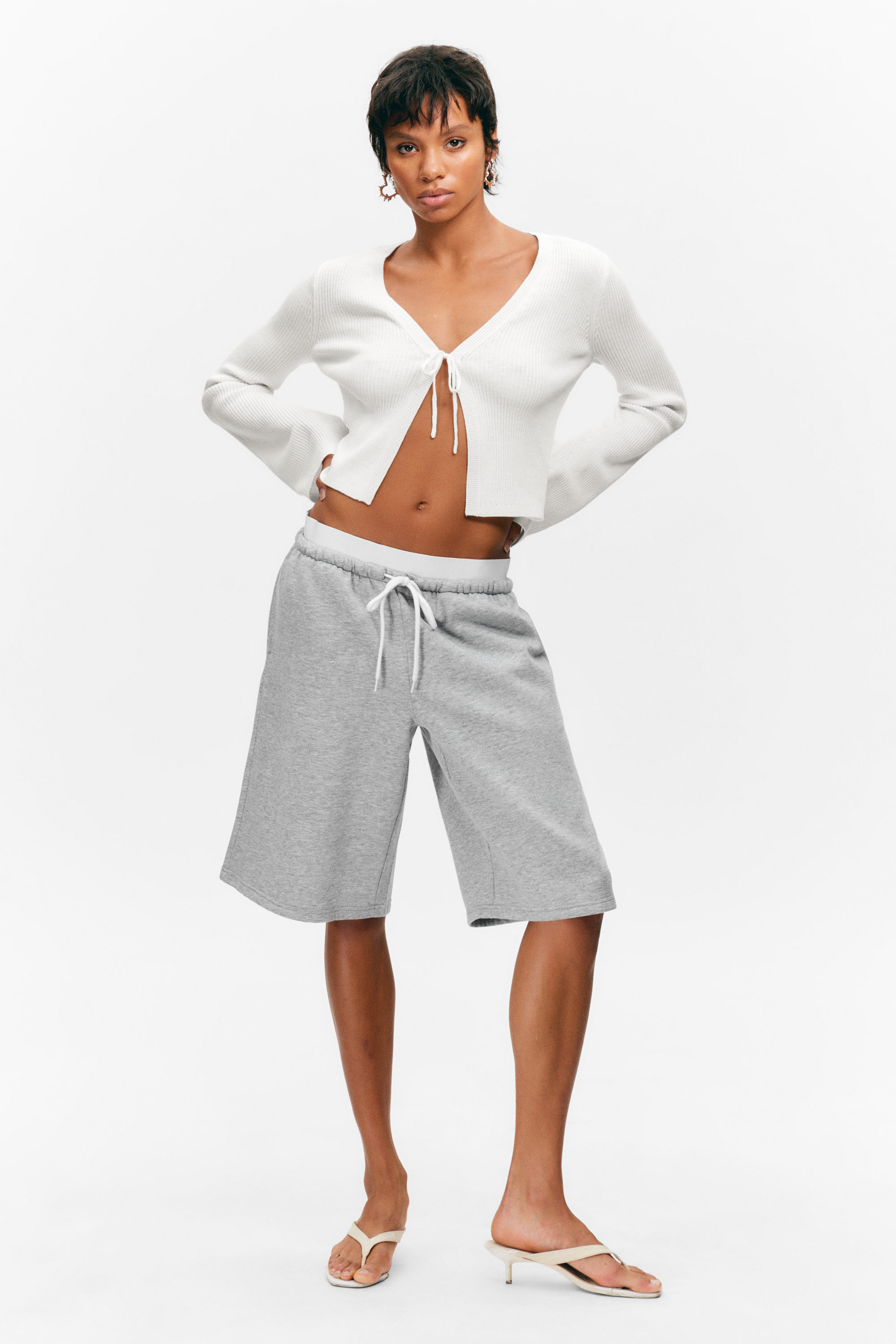 Grey Melange - Relaxed Low Rise Terry Bermuda Shorts - 1