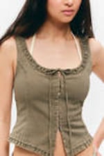Khakigrün - Korsett-Top aus Twill mit Rüschenbesatz - 2