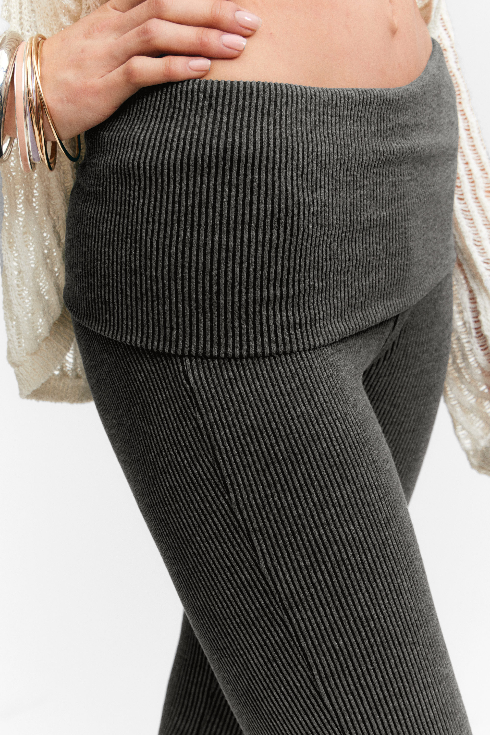 Dark Grey - Low Waist Flared Ribbed Trousers - 2