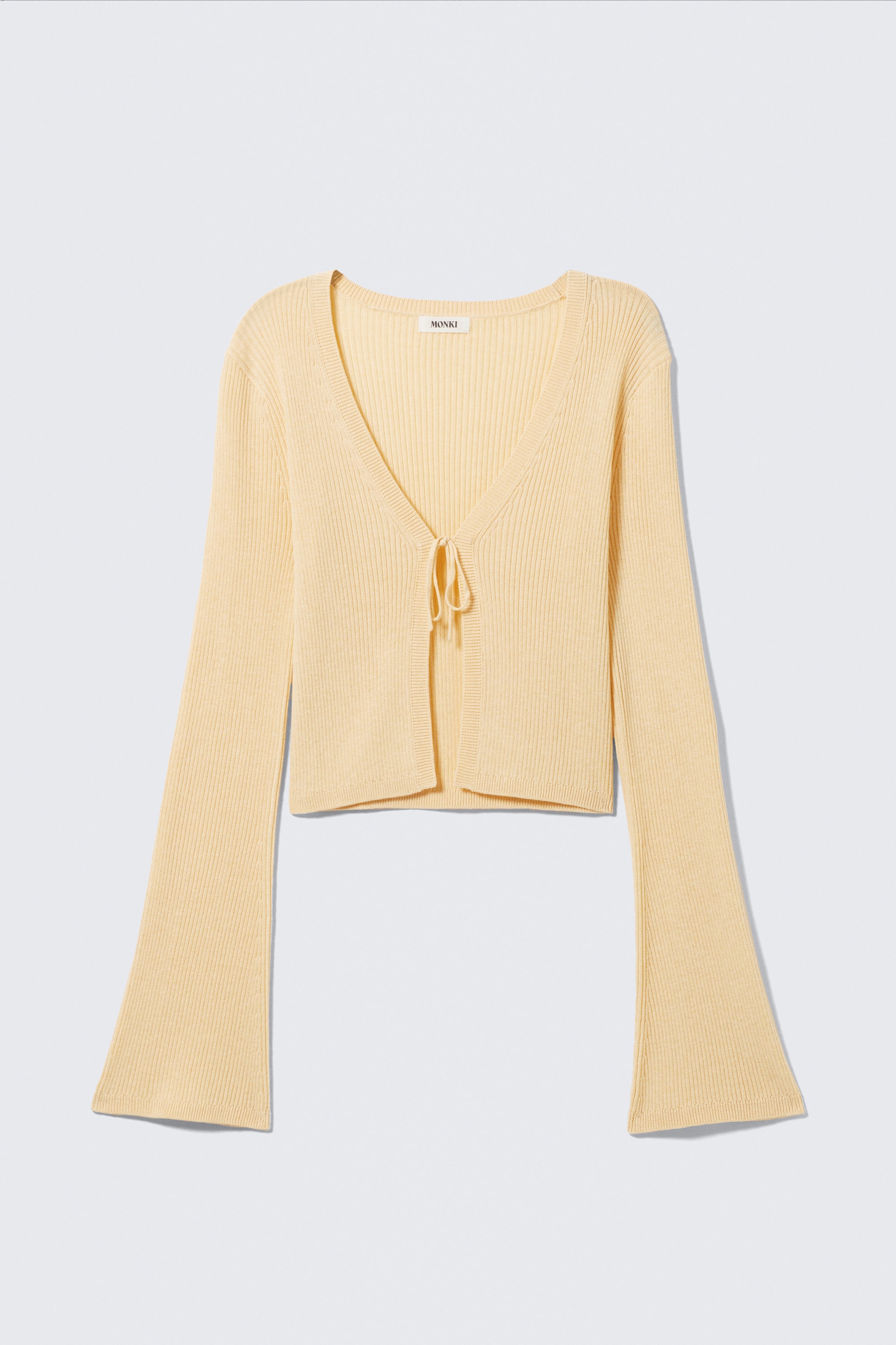 Light Yellow - Ribbed Tie-Front Cardigan - 3