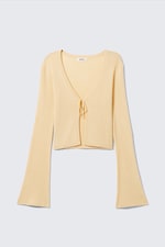 Light Yellow - Ribbed Tie-Front Cardigan - 3