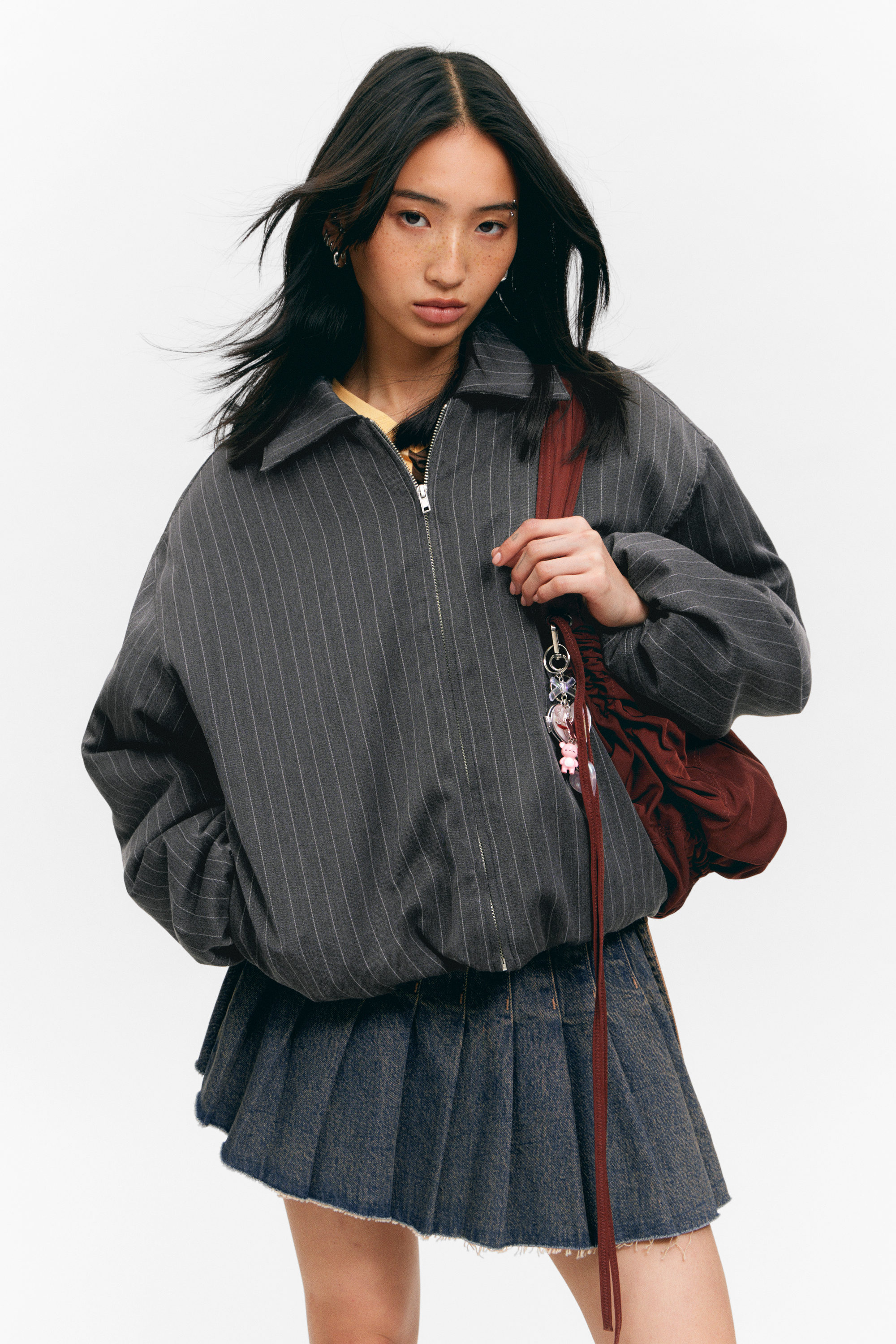 Striped Dark Grey - Padded Suiting Bomber Jacket - 2