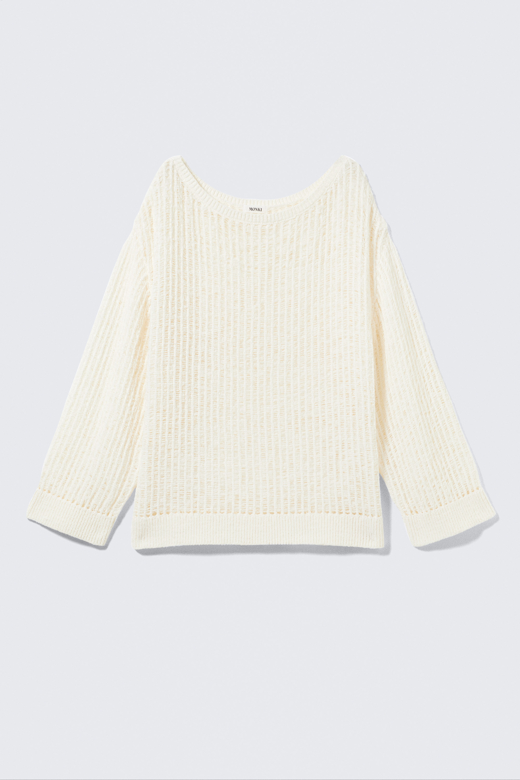 White - Loose Open-Knit Side Slit Sweater - 3