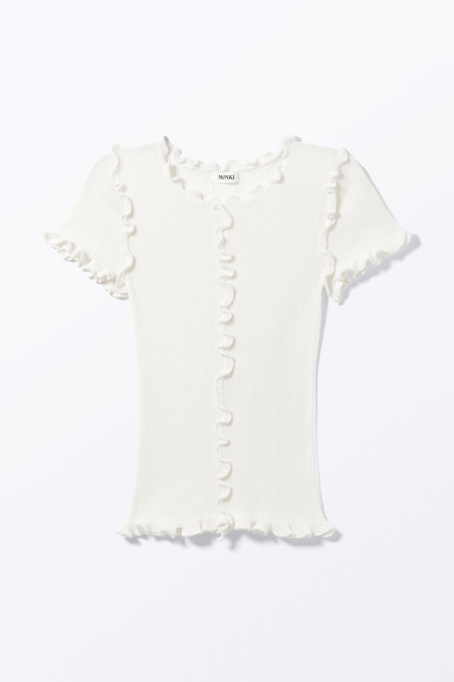 Frill-Edge Ribbed Knitted Top - White/Dark Grey - 2