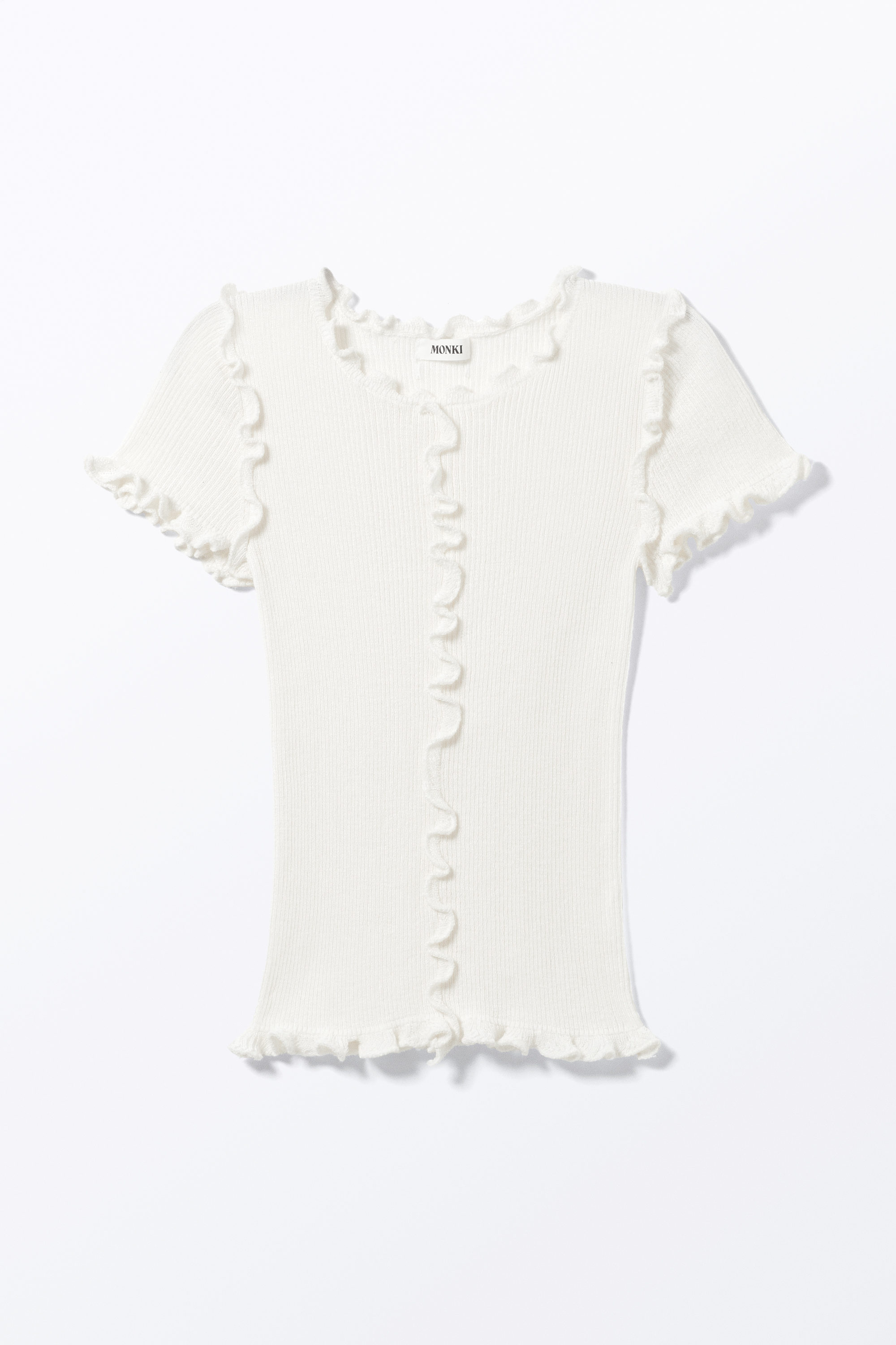 White - Frill-Edge Ribbed Knitted Top - 2