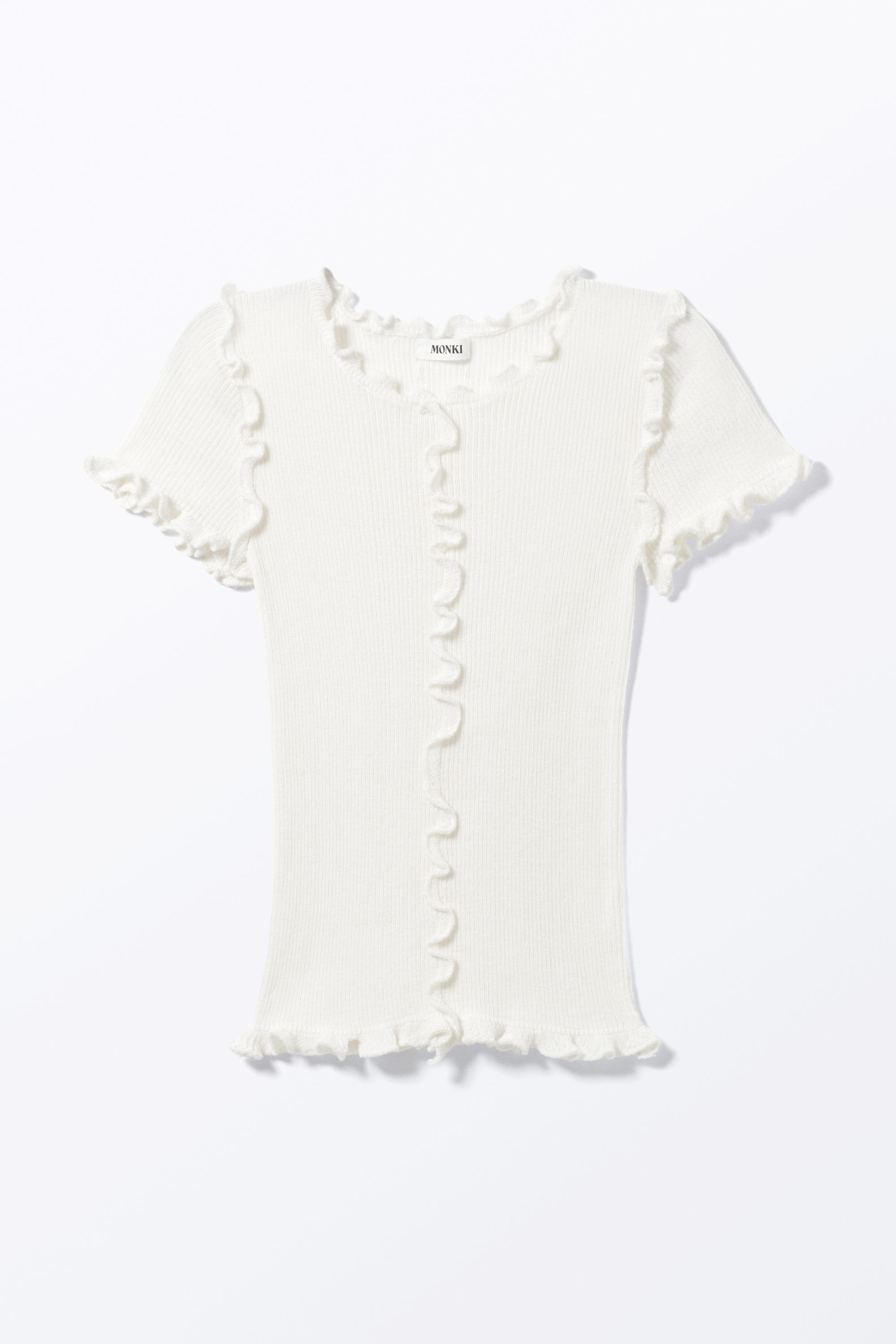 White - Frill-Edge Ribbed Knitted Top - 2