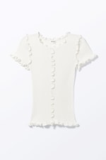 White - Frill-Edge Ribbed Knitted Top - 2