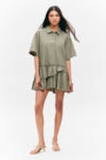 Khaki Green - Oversized Ruffled Mini Shirt Dress - 0