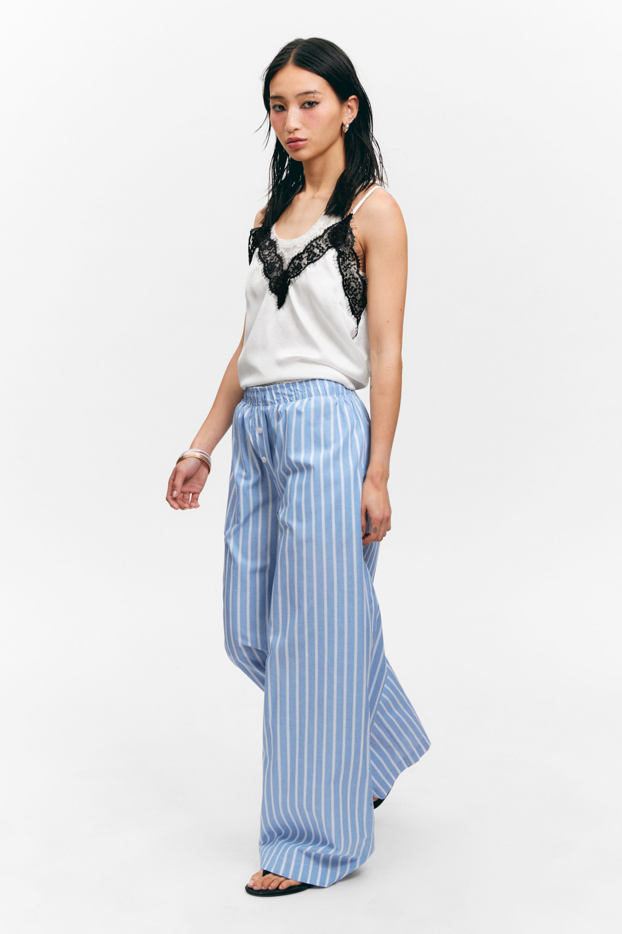 Randig Blå - Byxor med vida ben i bomulls-twill - 2