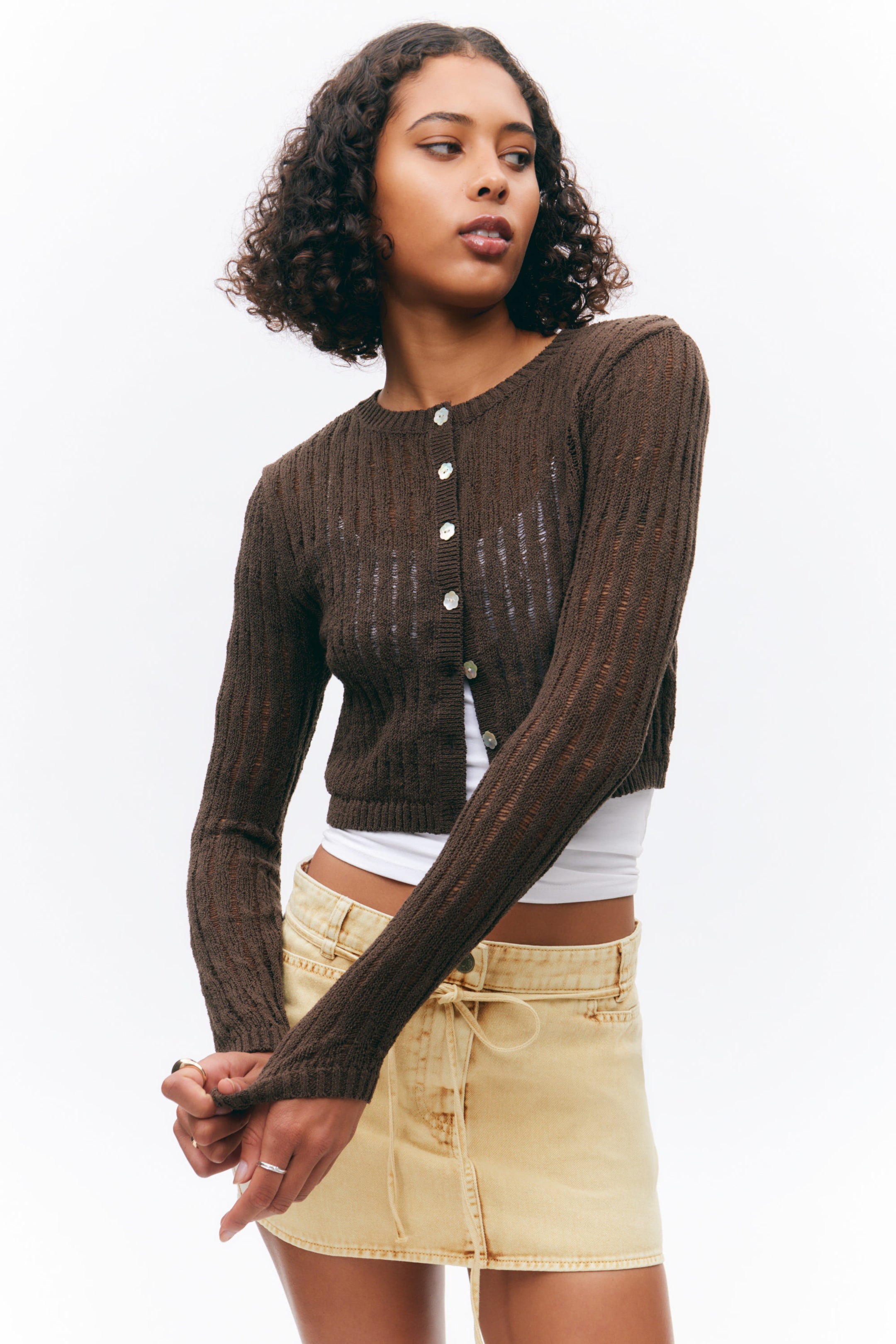 Dark Brown - Fitted Long-Sleeved Knitted Cardigan - 1