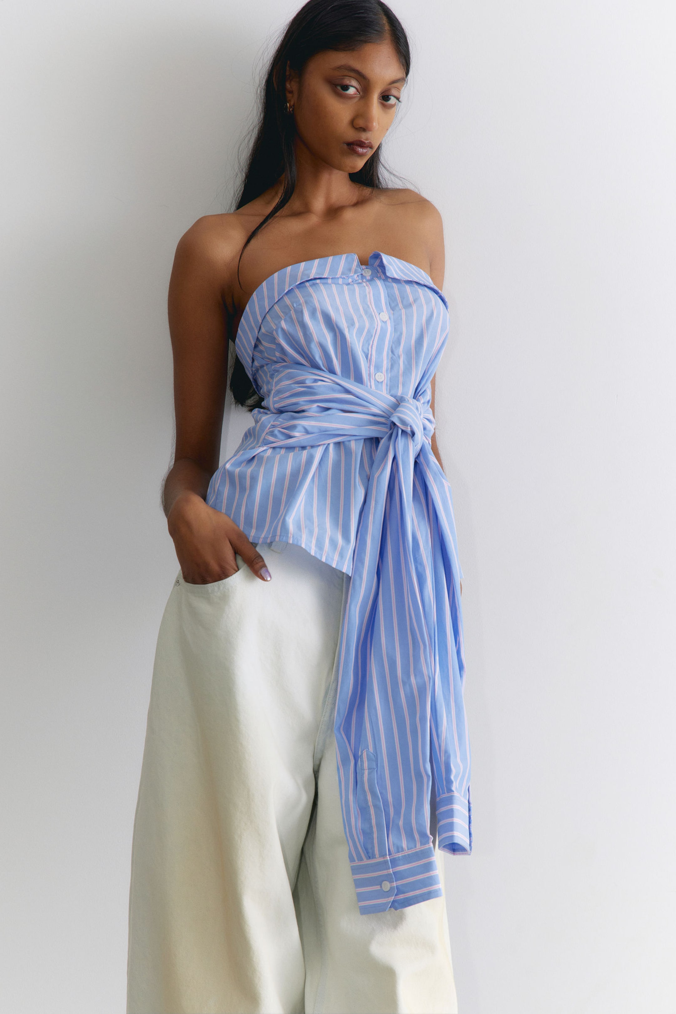 Striped Blue & Pink - Striped Off-Shoulder Tie Front Shirt Top - 1