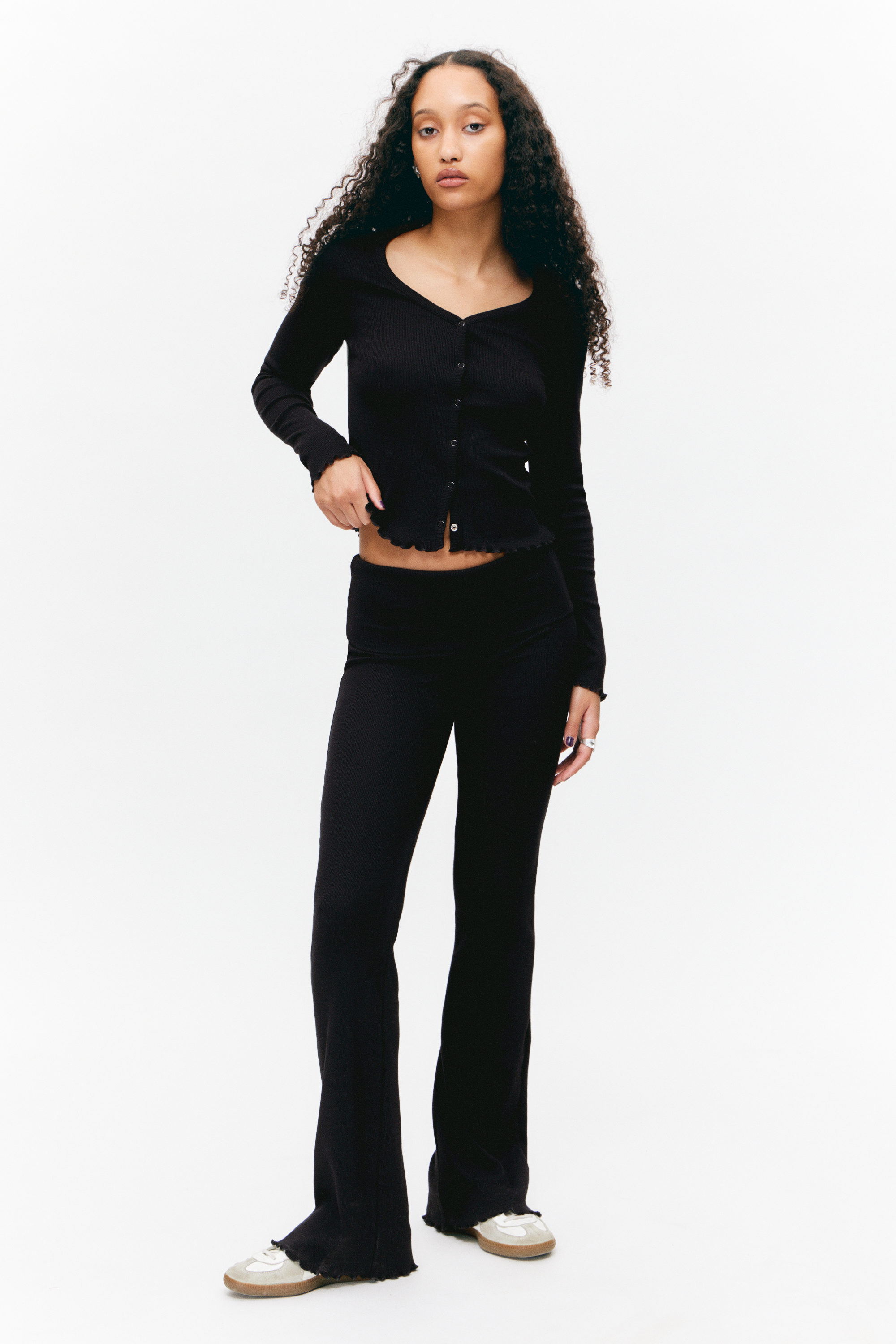 Black - Ribbed Fold-over Waist Flared Trousers - 1